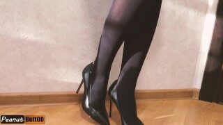 TEASER hot secretary shoejob handjob cumshot on legs in nylon stockings and high heels